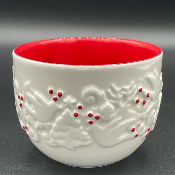 2008 Starbucks Christmas White Red Embossed Dove Tree Cappuccino Coffee Mug - Picture 2 of 6
